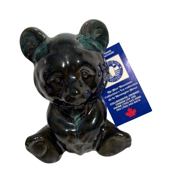 Blue Mountain Pottery Teddy Bear Figurine 5" Green Black Drip Glaze Canada - Picture 1 of 8